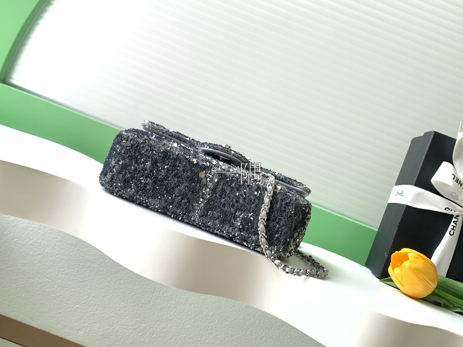 香奈兒CHANEL CF 珠片 SO BLACK 口蓋包, 小號 銀黑|AS4561:圖片 4